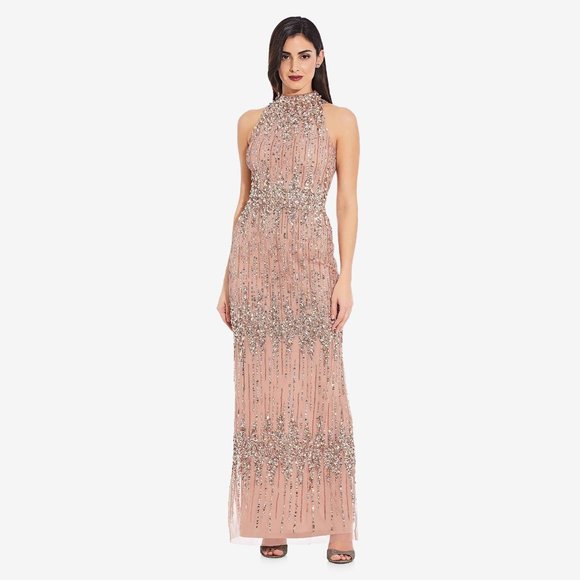 Adrianna Papell Dresses & Skirts - BEADED COLUMN GOWN WITH MOCK NECKLINE IN ROSE GOLD